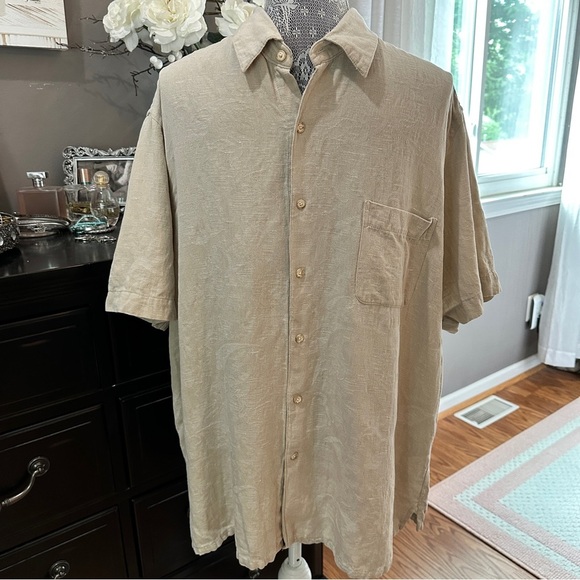 Tasso Elba Men's Casual Linen Blend Beige Button Down Shirt - Picture 2 of 16
